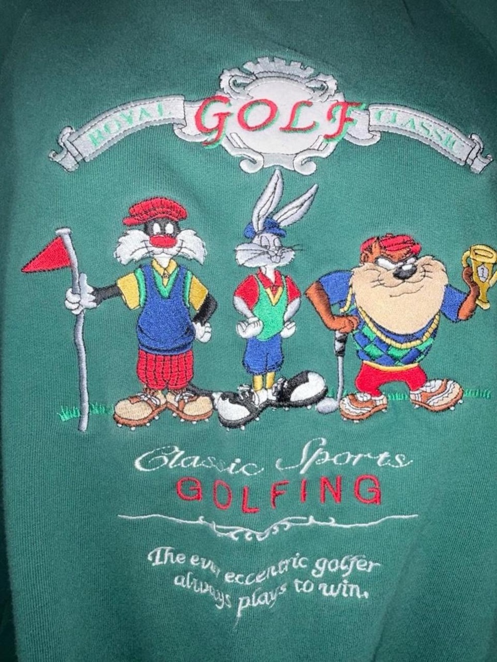 Vintage 90s Looney Tunes Golf Embroidered Green Crewneck Bugs Taz Sylvester Sz L